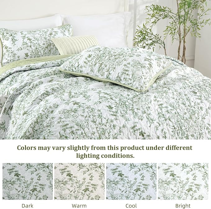 WONGS BEDDING Quilt King Size, Sage Green Quilt Bedding Set with 2 Pillowcases, Botanical Quilt for King Bed, Soft Microfiber Lightweight Coverlet Bedspread for All Season (110"×90", 3 Pieces)