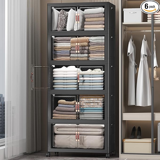 Extra Large Stackable Storage Bins with Lids & Wheels & Door, 560QT-112QT/28GAL*5Pack Foldable Collapsible Closet Organizers, Plastic containers drawers for bedroom Dorm