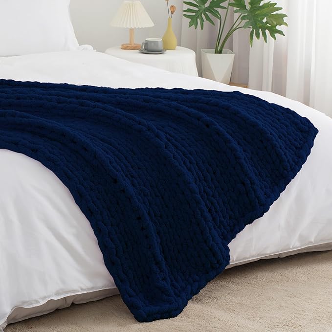 Chunky Knit Throw Blanket 60"X 80", 100% Handmade with Soft Chenille Yarn, 6.7lbs Thick Cable Knitted Blankets, Large Rope Knot Crochet Throws for Couch Sofa Bed Home Decor, Navy Blue
