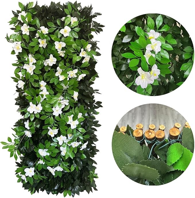 Sumery Expandable Fence Privacy Screen for Balcony Patio Outdoor,Decorative Faux Ivy Fencing Panel,Artificial Hedges (Single Sided Leaves) (2, Branches -White Fowers)