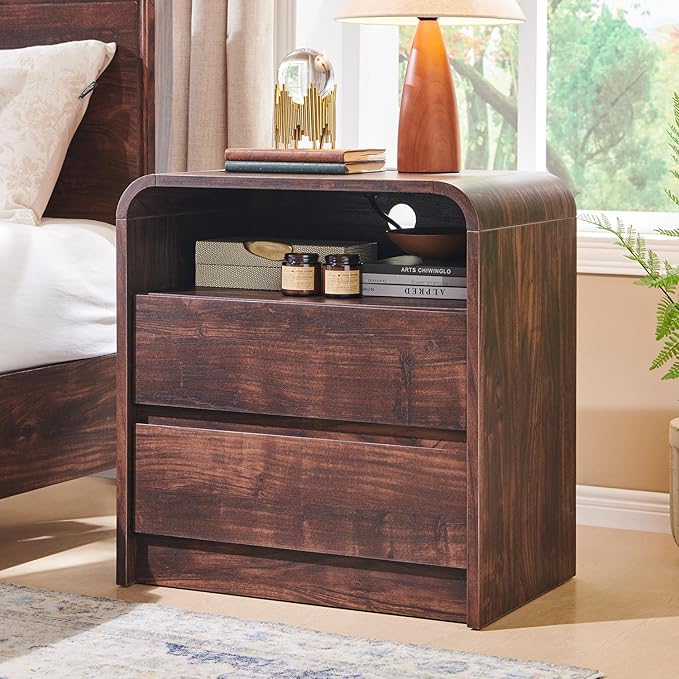 25" Tall Modern Nightstand Set of 2, 23.6'' Wide Wood Bedside Table w/2 Storage Drawers, Charging Station,Mid Century End Table for Bedroom, Living Room, Curved Profile Design, Brown