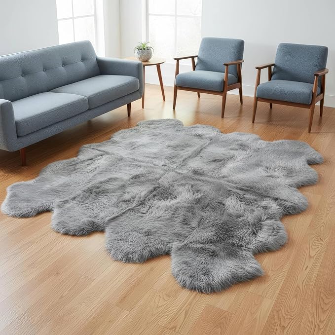 Premium Genuine Sheepskin Rugs for Living Room - Large Size Sheep Skin for Bedroom - 6' x 8' Long Fur Soft & Natural Fluffy Area Rug, Silver Gray, Eight Pelt