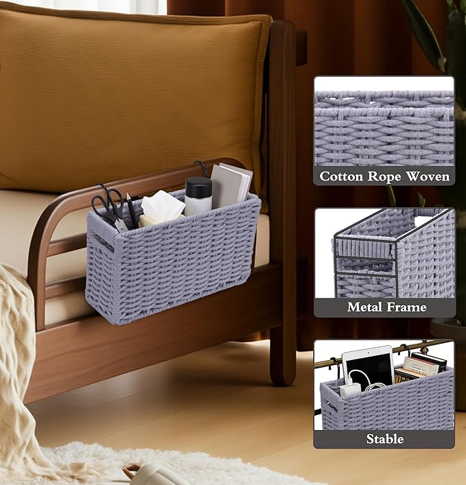 Cotton Rope Woven Bedside Caddy for Dorm Bed, Foldable Bedside Shelf Bunk Bed Accessories, College Dorm Room Essentials Hanging Organizers Storage Basket, Room Decor Magazine File Holder (Gray)