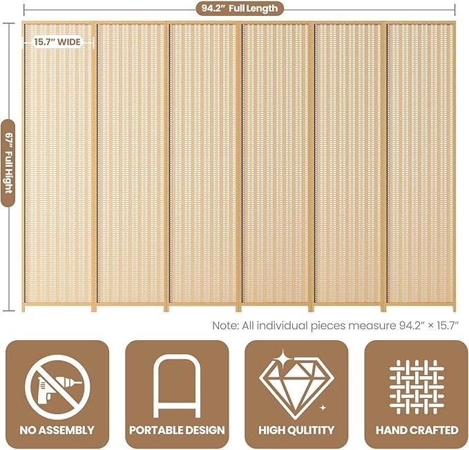 6 Panel Room Divider and Folding Screen,Bamboo Room Divider for Room Separation,67" H x 92.1" W