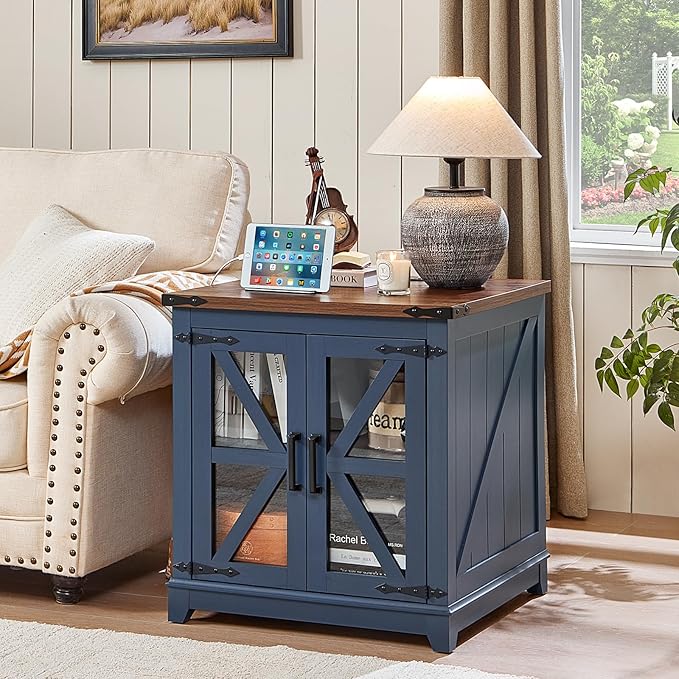 Farmhouse End Table Set 2, Narrow 18'' Night Stand with Glass Barn Door, 24" Square Side Table with Charger Station, Living Room Furniture Sets, Wood Nightstand Bedside Tables for Bedroom