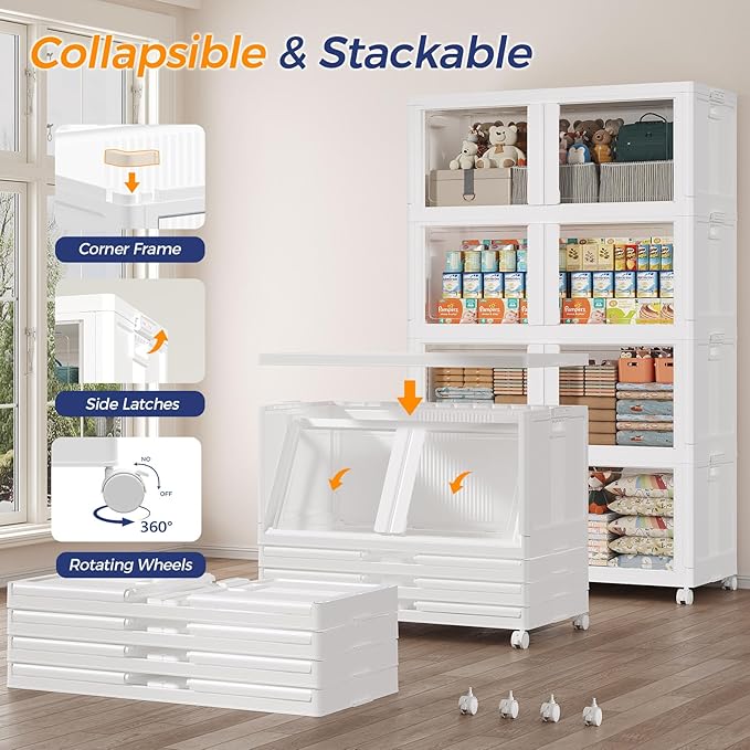 150GAL Large Stackable Storage Bins with Lid and Wheels, 600Qt Collapsible Organizer Cabinet with Clear Door, for Closet, Bedroom, Kitchen, Garage, 5-Pack White