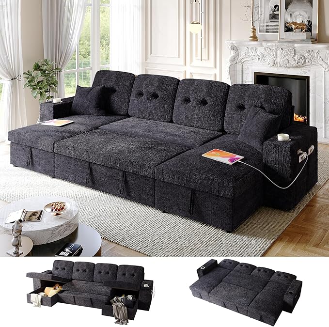 117" Sleeper Sofa Bed, U-Shaped Sofa with Dual Reversible Storage Chaise | Adjustable Backrest | Wide Armrest, Sectional Couches for Living Room, 4 in 1 Pull Out Couch Bed, Navy Blue Chenille