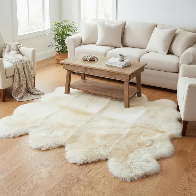Premium Genuine Sheepskin Rug 6' x 8' Long Fur Soft & Natural Shaggy Living Room Rug, Champagne Cream, Eight Pelt