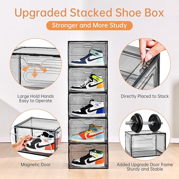 New Gray 8 Pack Shoe Boxes Stackable, Large Shoe Storage Organizer with Lids,Drop Side Shoe Containers for Entryway,Sneaker Storage Fit up to US Size 13 for Men/Women(13’’x 10.6”x 8.3”)