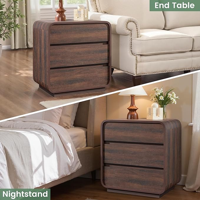 Walnut 3 Drawers Nightstand, 25" Tall Wooden Bedside Table with Charging Station, Large Side Table Curved Profile, Handleless, Large End Table Night Stand for Bedroom, Office