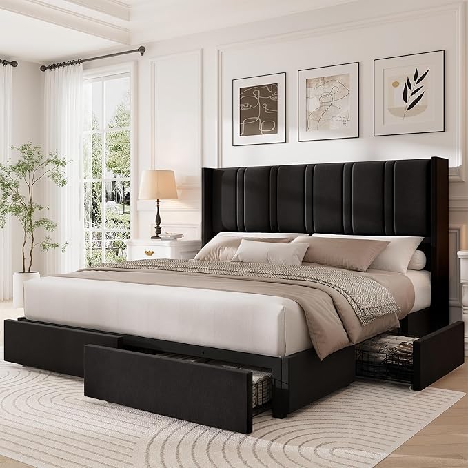 LARMACE Queen Size Bed Frame with 4 Storage Drawers and Wingback Headboard Velvet Upholstered Platform Bed Frame with Wooden Slats, Easy Assembly, Black