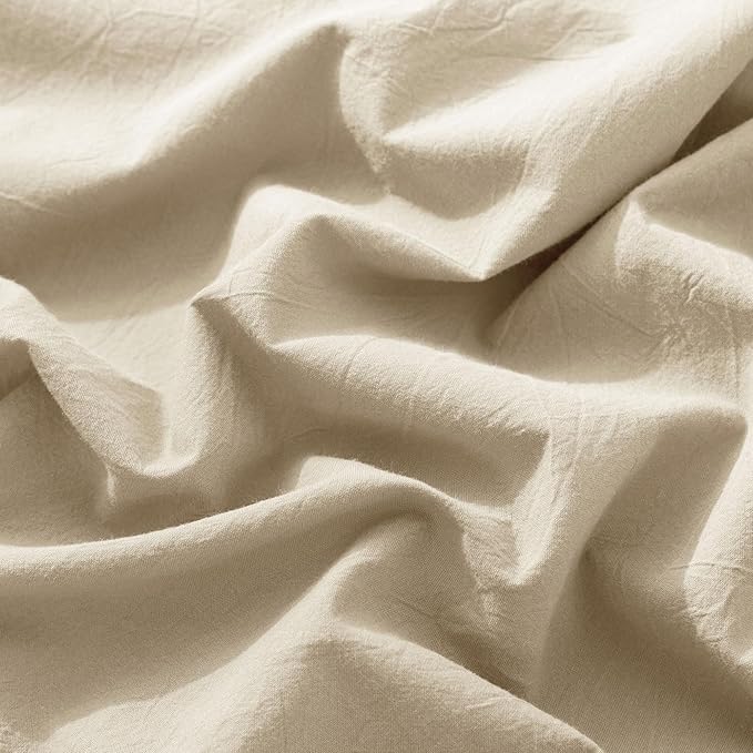 MooMee Fitted Bottom Sheet Only 100% Washed Cotton Linen Like Textured Breathable Durable Soft Comfy Deep Pocket Fits Mattress up to 17" (Almond Milk Grey, California King)