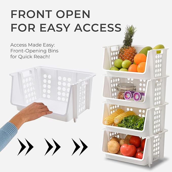 TidyFriend Medium Stackable Storage Bins for Pantry - 4 Pack, Stackable Bins For Organizing Food, Kitchen, and Bathroom Essentials (White)