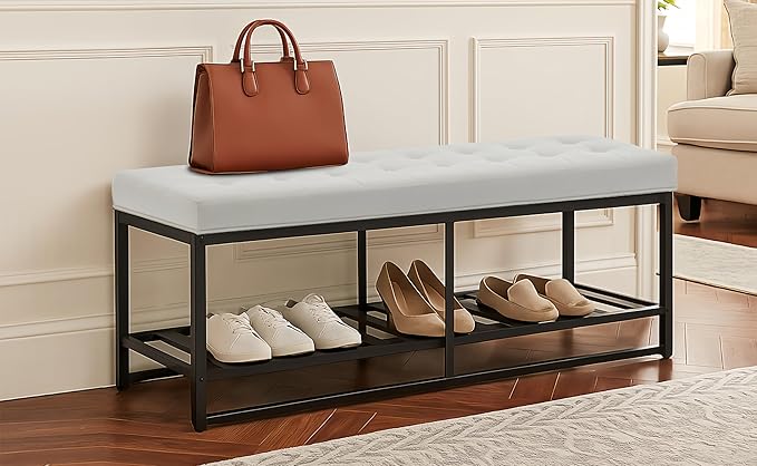 Rectangular Upholstered Tufted Linen Ottoman Storage Bench, Large Footrest Ottoman with Iron Base, White End of Bed Bench for Entryway, Living Room, Bedroom