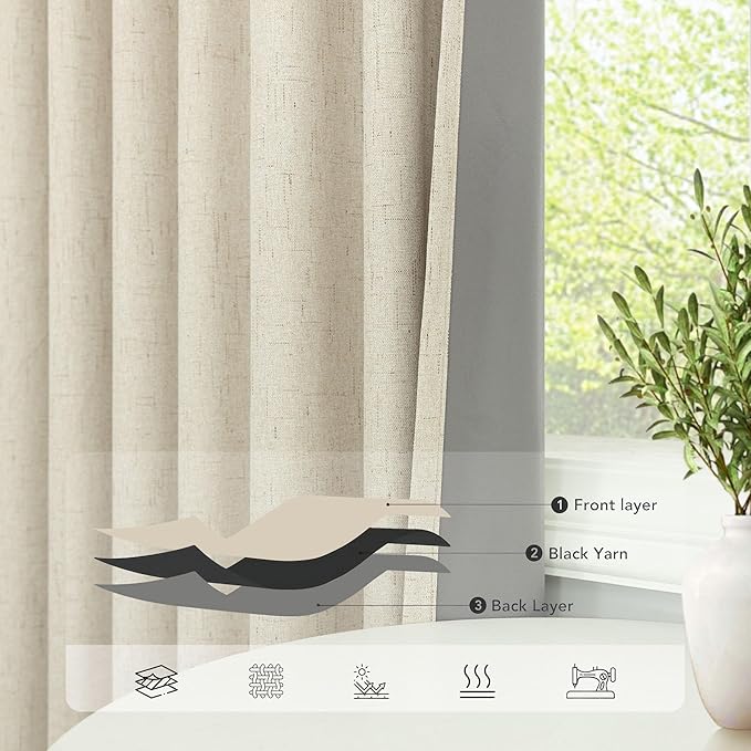 Farmhouse Style 94 Inch Curtains for Living Room Drapes Back Tab Pleated Linen Blackout Earthy Curtain Heat Blocking Black Out Window Treatment Master Bedroom Sunroom 2 Burg Panel 94 Long Length Beige