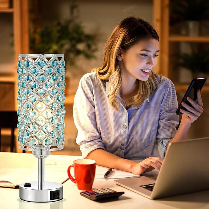 Hong-in Blue Crystal Lamp Touch Control Set of 2, Crystal Table Lamps with USB C+A Ports & AC Outlet, 3-Way Dimmable Nightstand Touch Lamp, Modern Bedside Table Lamp for Bedroom(Bulbs Included)