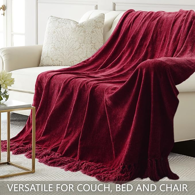 Chenille Throw Blanket for Couch 50"X 60", Soft Cozy Throws with Fringe Tassel for Bed Sofa Chair Cover, Lightweight Knitted Decorative Boho Blankets for Living Room, Red