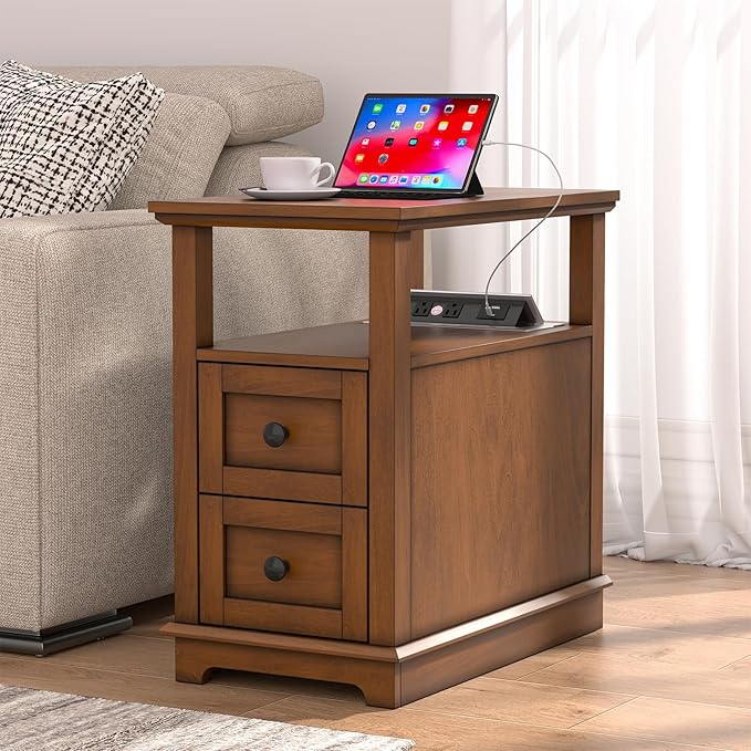 HIFYOBRO End Table with Flip Top Charging Station Set of 2, Narrow Side Table with 2 Drawers, Type-C & USB Port & Power outlets, Wooden Nightstand for Living Room and Bedroom
