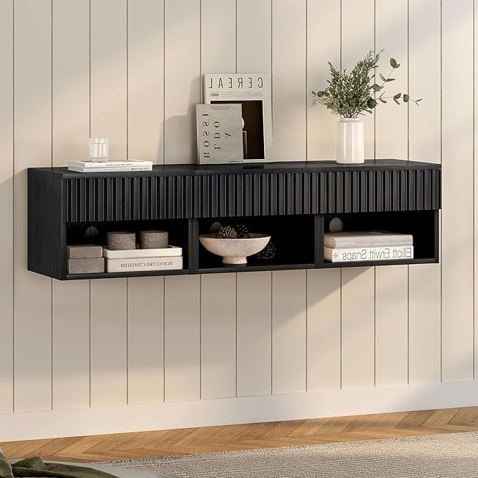 Floating TV Stands Set of 4 with Drawer and Open Shelf, Small Wall Mounted Bedside End Table, Modern Fluted Night Stand for Bedroom, Living Room, Black