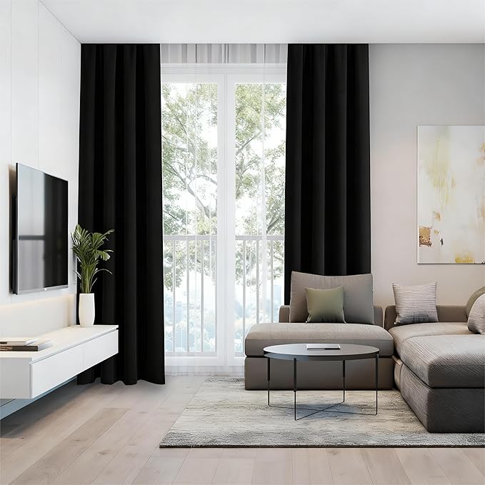 Black Blackout Curtains 96 Inch Length 2 Panels Set, Black Out Curtains for Bedroom 96 Inch Long, Rod Pocket Energy Saving Room Darkening Drapes for Living Room Window(W52 x L96)