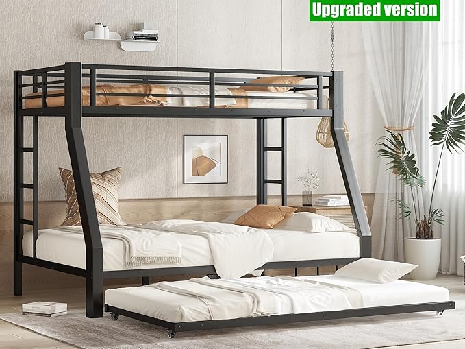 SIGONE Stronger & Safer Heavy Duty Twin Over Full Bunk Bed with Twin Trundle for Adults Teens, Thickened More Stable Metal Bunkbed Frame (Greater Weight Capacity)
