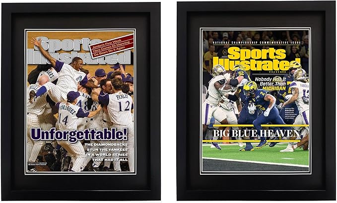 Goldfinch 4 Packs Sports Magazine Frame Displays Magazines Measuring 8.5 x 11.25 or 8.25 x 11 inches with Double Black Core Matting, Deep Frame Moulding, with Installed Hangers
