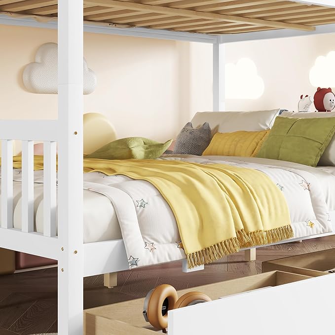 Full Over Full Bunk Bed with Storage Drawers,Convertible Bunk Beds with Ladder & Safety Guardrails,Full Size Bunk Beds for Kids Girls Boys,White