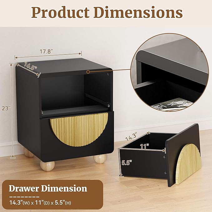 23" Black Nightstand with Solid Wood Legs, Modern Style Fluted Bedside Table with Round Moon Handle & Storage, Mid Century Cute Night Stand for Bedroom, Side Table, End Table