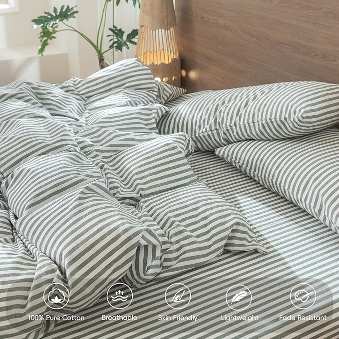 MooMee Striped Duvet Cover Set 100% Washed Cotton Linen Like Textured Breathable Durable Soft Comfy (Heathered Green Classic Stripes, Super King 108"x98")
