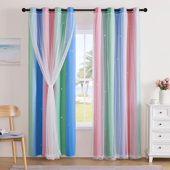 XiDi Curtains for Bedroom Decor, Rainbow Pink GreenBlue52/90/1