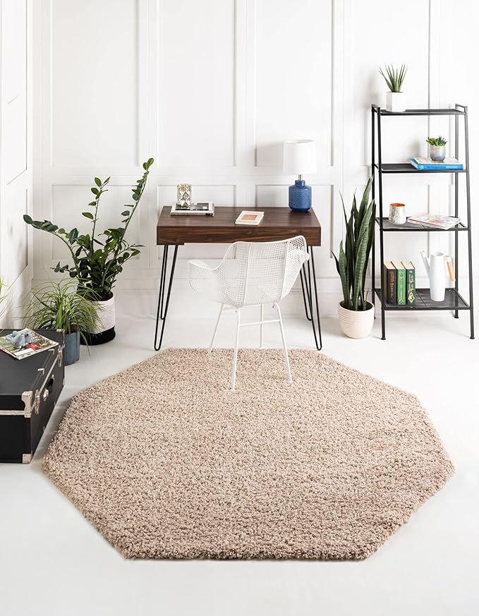 Unique Loom Solid Shag Collection Area Rug (7' 10" Octagon, Taupe)