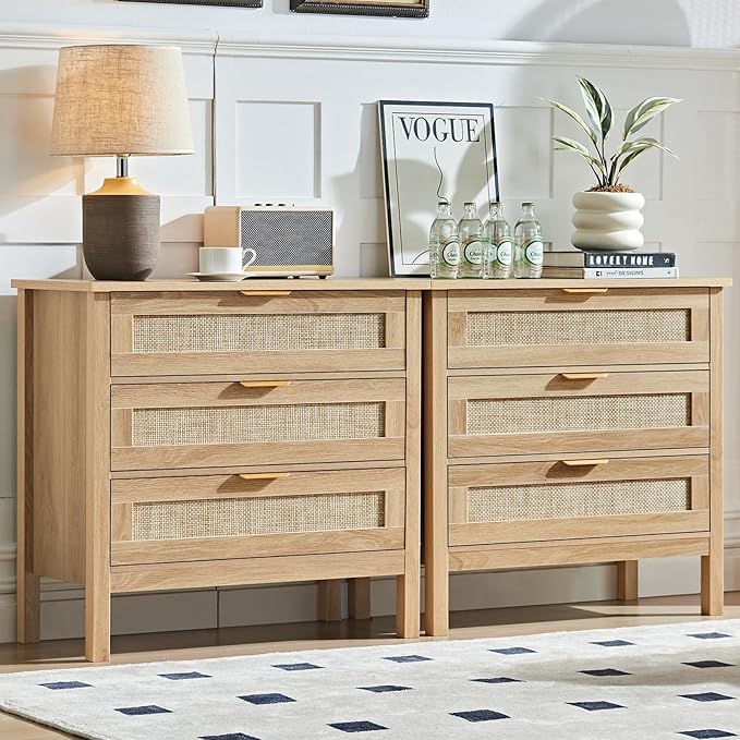 LEYAOYAO 31.5" Wide Rattan Night Stand, Large Boho Nightstand, Bedside Table with Storage, Tall Bed Side End Tables, Chest of Drawers for Bedroom, Living Room, Hallway（Natural,3 Drawers,2）