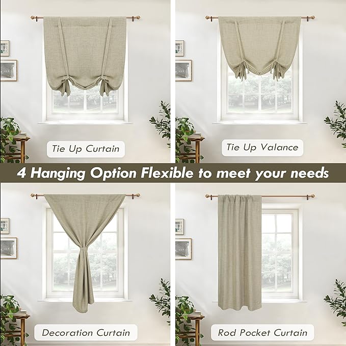 DriftAway Double Layer Linen Blackout Tie Up Curtains Thermal Insulated Fully Lined Balloon Roman Shade Bathroom Window Adjustable Rod Pocket for Small Window 25 Inch by 47 Inch Light Khaki Linen