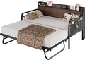 LIKIMIO Twin Daybed with Trundle Bed, Storage Headboard with Charging Station, Sofa Day Bed with Strong Supports for Living Room, Bedroom, and Guest Room, Dark Brown