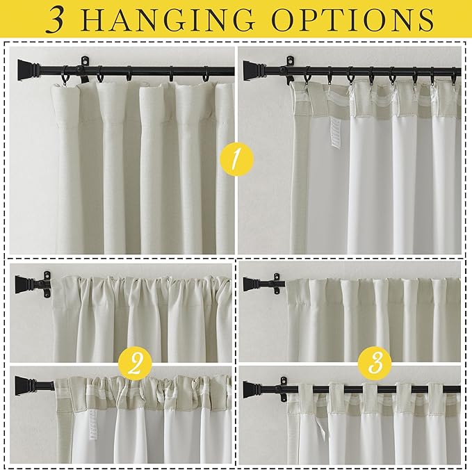 NICETOWN Room Darkening Curtains 96 inches Long for Bedroom, Rod Pocket/Back Tab/Hook Belt Thick Faux Linen Cold & Light Blocking Window Treatment for Living Room, Natural, W50 x L96, 1 Panel