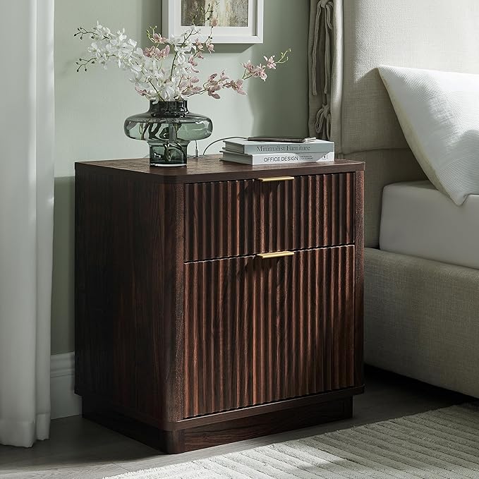 T4TREAM 23'' Fluted Nightstand with Charging Station, Large 2 Drawer Bedside Table, Modern End Table with Storage, Mid Century Night Stand for Bedroom, Living Room, Curved Profile, Dark Walnut