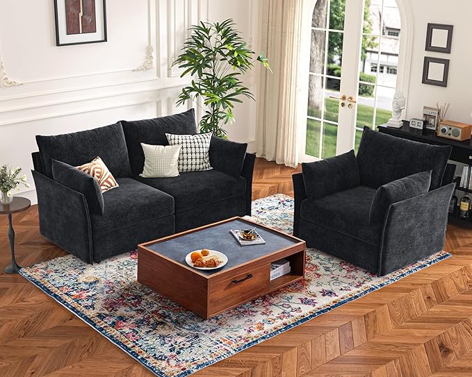 ABCASA 135.5" Oversized Modular Sectional Sofa, L Shaped Convertible Couch with Movable Ottoman, 5 Seat Corner Couches for Living Room Deep Seat Black Chenille
