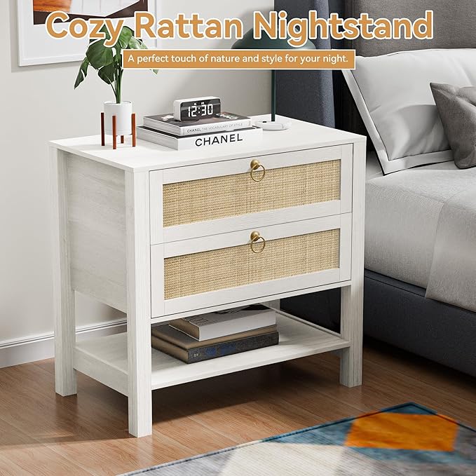 White Nightstand with 2 Drawers and Storage Shelf, 26” Tall Boho Night Stand, Wood Large Bedside Table with Golden Handle for Bedroom, Side Table, White Cream Oak