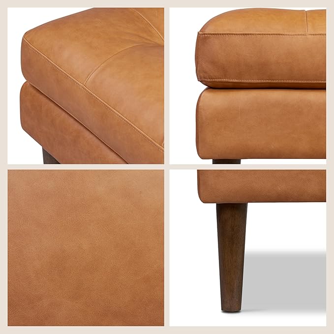 Poly & BARK Napa Ottoman - Full-Grain Leather Upholstered Ottoman with Feather-Down Topper - Couch for Living Room - Vintage Italian Leather in Cognac Tan