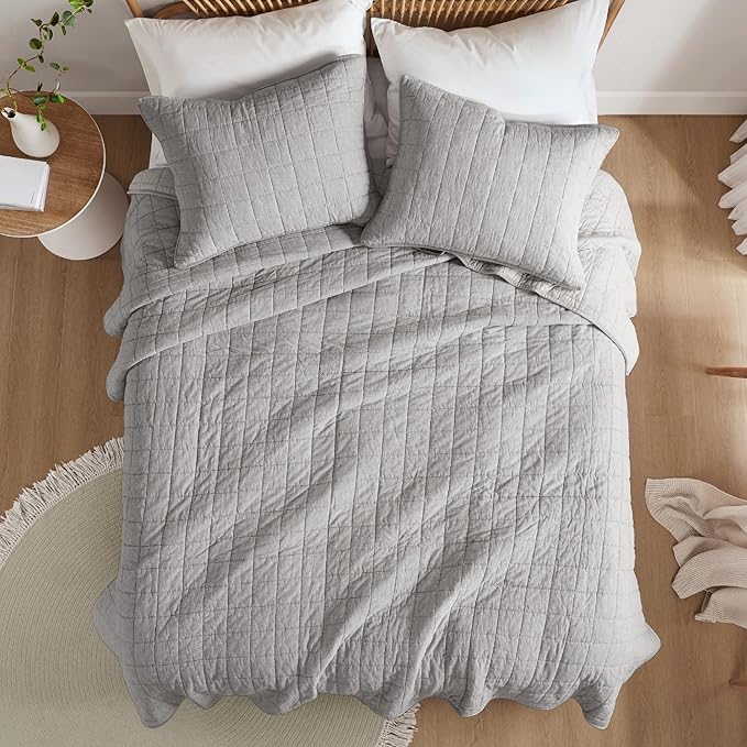 Hyde Lane Luxury Linen Quilt Set Queen Size, Organic European Flax Cotton Blend Bedding for Bedspread and Coverlet, Box Stitched, with 2 Pillow Shams, 90"x96", Grey