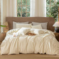 MooMee Wavy Striped Duvet Cover Set 100% Washed Cotton Linen Like Textured Breathable Durable Soft Comfy (Cream White, Super Queen 90"x98")
