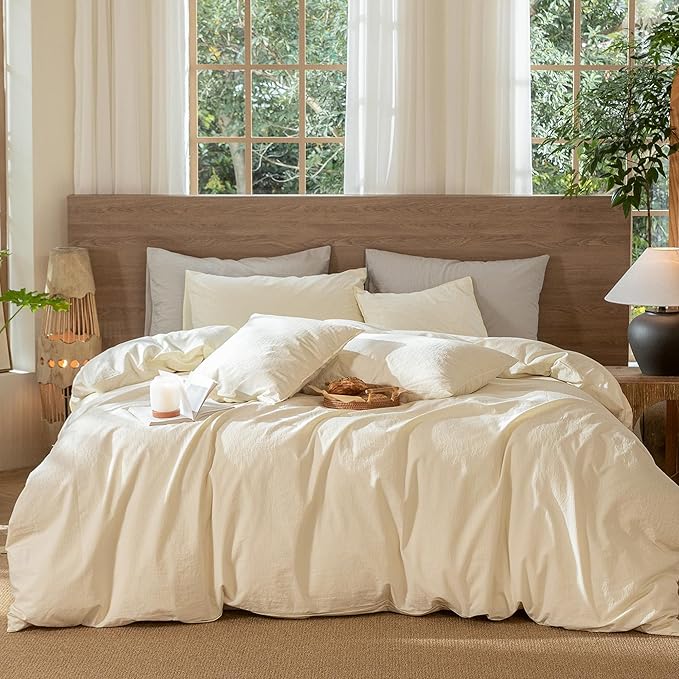 MooMee Wavy Striped Duvet Cover Set 100% Washed Cotton Linen Like Textured Breathable Durable Soft Comfy (Cream White, Full 80"x90")