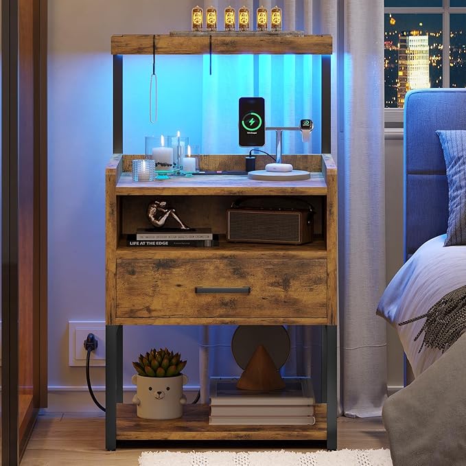 VIAGDO Rustic Brown Nightstands Set of 2 with Charging Station and LED Lights, LED Night Stand Set 2 with Drawer, Rustic End Side Table with Open Storage Shelves, Bedside Tables for Bedroom, Office