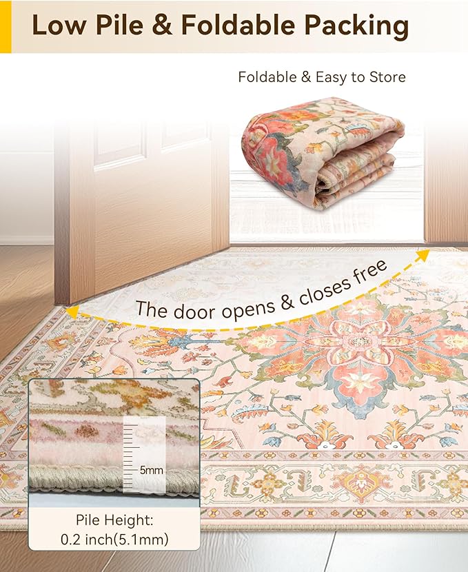 Area Rugs 4ft Washable Non-Slip, Floral Vintage Distress Print Pattern Medallion Carpet for Living Room Bedroom Dining Room, Light Pink Colorful