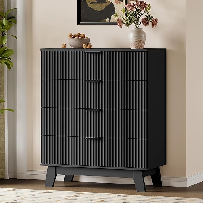 39" Tall Dresser for Bedroom, 4-Drawer Fluted Chest of Drawers, Modern Wood Highboy with Deep Storage, Metal Slides & Handles, Anti-Tip Kit, Vertical Clothes Organizer for Apartment, Nursery