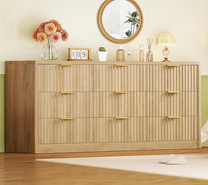 TEENFON Fluted Dresser for Bedroom with 9 Drawers, 63" Wide Modern Chest of Drawers with Metal Handle & Curved Profile Design, Wood Closet Clothes Storage Organizer for Living Room, Hallway, Natural