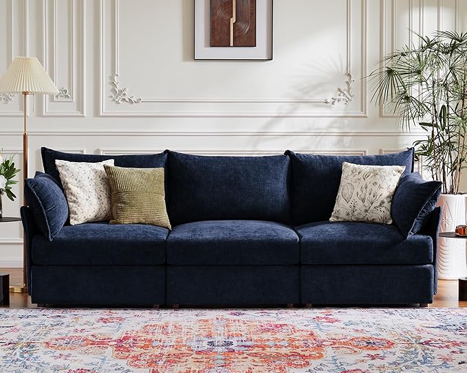 ABCASA 102.6" Modular Sectional Sofa, Oversized 3-Seater Blue Couch with Removable Chenille Fabric Cover, Deep Seat & High Backrest for Living Room, Office & Apartment
