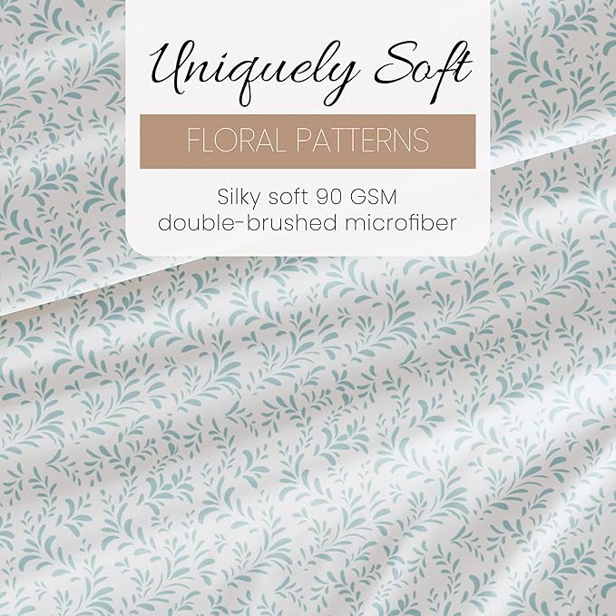 Linen Market Patterned Microfiber Queen Sheet Set 4 Piece – Oeko-TEX Certified Ultra Soft & Wrinkle-Free - 16" Deep Pocket Sheets - Easy Care Queen Size - Burst of Vines Light Blue