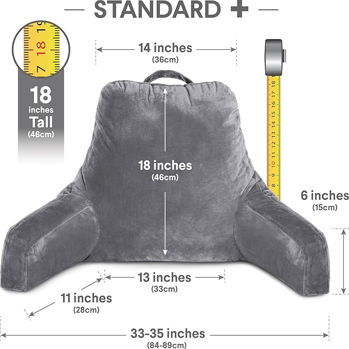 Husband Pillow Dark Grey, Standard+ Original Reading Pillow in Bed Rest Chair, Shredded Memory Foam Large Lounge Cushion Adult Backrest w/Arms, Comfy Back Support for Sit Sitting Up, Removable Cover