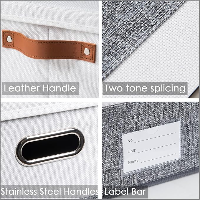 PRANDOM Storage Boxes with Lids [3-Pack] Linen Fabric Foldable Storage Bins Organizer Containers Baskets Cube with Cover for Closet Office Nursery Grey&White（11.4X8.6X6.7